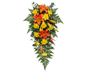 Isolated Floral arrangement cascade of yellow daffodils and orange lilies, decorative floral item