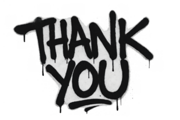 Graffiti style thank you lettering with spray paint drips, conveying appreciation and gratitude, black and white design