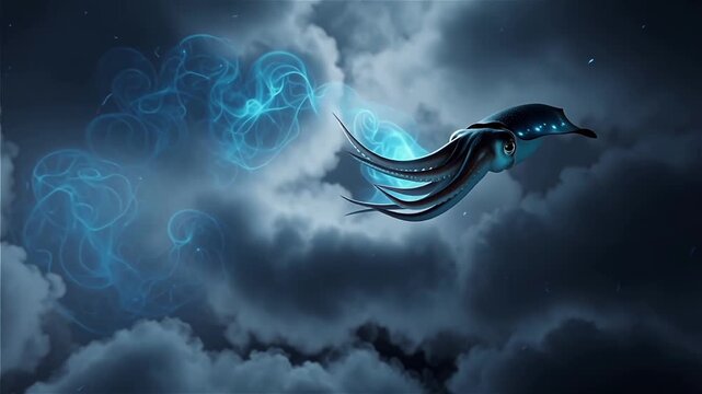 Neon flying squid emitting blue ink floating in the night sky.
With motion blur and bokeh background.