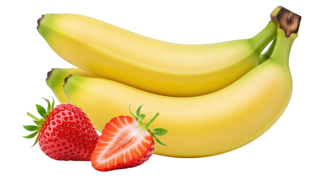 Isolated fruit display features bananas, strawberries for food themes and healthy eating ideas