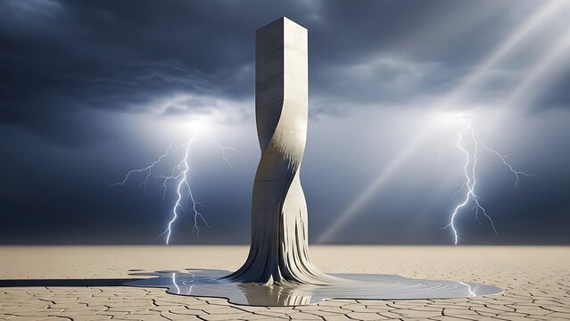 Monolith in desert with lightning strikes, surreal landscape. - Powered by Adobe