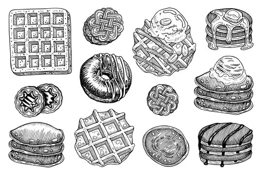 Sweet breakfast set. Hand drawn sketch vector. Waffles, donuts, pancakes, cookies. Bakery. Sugar food. Dessert. Maple syrup, butter, ice cream. Line art illustration. Element collection.