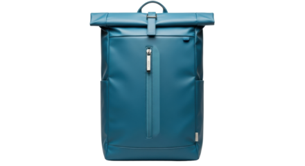 Isolated Roll-Top Backpack in Blue Teal Color, Casual Daypack for Travel and School, on Clear Backdrop