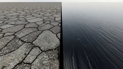 Drought and flood: contrasting halves of a parched landscape and a flooded area.