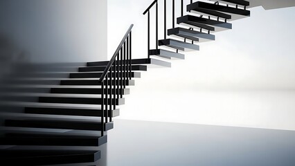 Modern staircase with black steps and railing in a bright, minimalist interior.