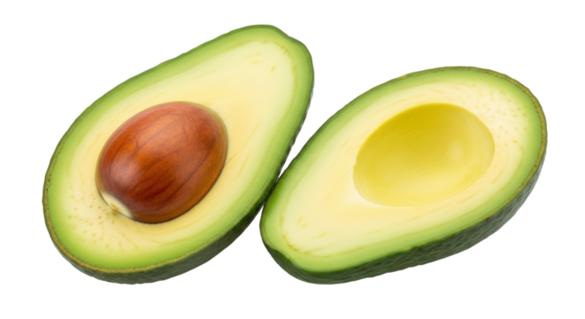 Isolated avocado halves, fresh raw fruit with dark seed, nutritious eating and tropical produce