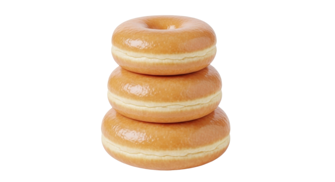 Isolated stack of three glazed donuts, breakfast pastries, sweet treats, sugary dessert