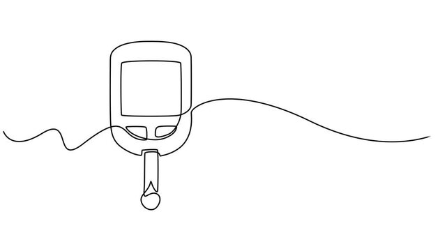sugar meter continuous one line drawing animation, One continuous line drawing of Blood glucose meter test illustration.  Continuous single line drawing of glucometer for monitoring blood sugar.