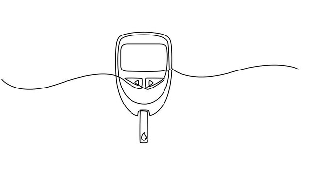 sugar meter continuous one line drawing animation, One continuous line drawing of Blood glucose meter test illustration.  Continuous single line drawing of glucometer for monitoring blood sugar.