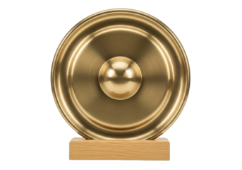 Isolated decorative gold plate on a wooden base, ornament, artwork, home décor and sculpture