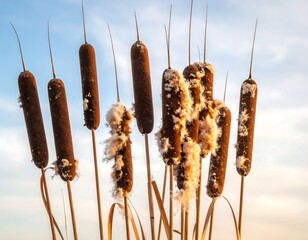 Cattails stand tall against a blue and golden sky. Soft, white fluff spills from some, creating a delicate texture