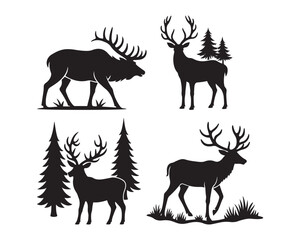 Elk in forest with antlers vector silhouette illustration design set collection, hunting theme elk, elk in trees vector design, wild elk standing illustration, 