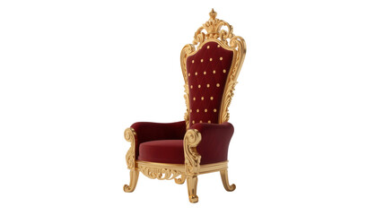 Ornate red velvet and gold ornate throne chair with high back and intricate carvings isolated on transparent background