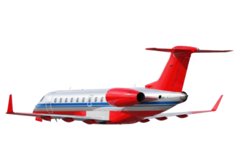 Isolated Luxury Red-and-Silver Corporate Jet, Private Airplane on Ground, Air Transport
