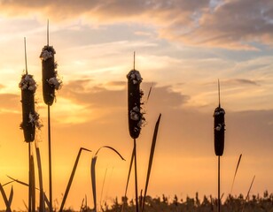 Cattails silhouetted against vibrant orange sunset sky with textured clouds and grassy landscape