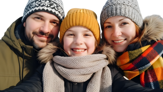 Smiling family of three, parents and child, in warm winter hats and scarves, taking a closeup selfie, isolated on transparent background