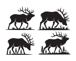 Elk in forest with antlers vector silhouette illustration design set collection, hunting theme elk, elk in trees vector design, wild elk standing illustration, 