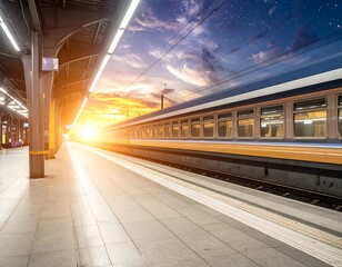 A vibrant train departs station platform at sunset, bathed in warm light under an evening sky with cloud formations
