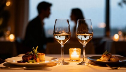 Fine Dining Table with Wine Glasses and Out-of-Focus Couple Silhouettes