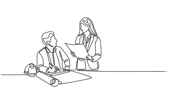 young architect and construction builder discussing blueprint building design continuous one line drawing animation, Animated self drawing of continuous line draw of young architect and construction