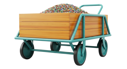 Isolated transport cart full of pebbles, stones or gravel, wooden box on a teal metal frame