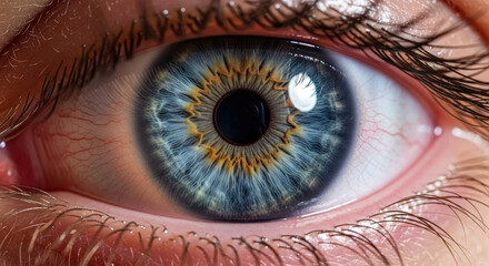 Stunning close-up of a captivating blue eye with intricate details and mesmerizing patterns, revealing the beauty and complexity of human vision and the windows to the soul