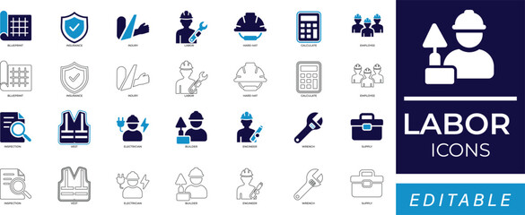 labor icon set featuring workers, employee, tools, labor, contractor, electrician, blueprint, engineer, equality, safety, industry, wrench, and workplace operations symbols.