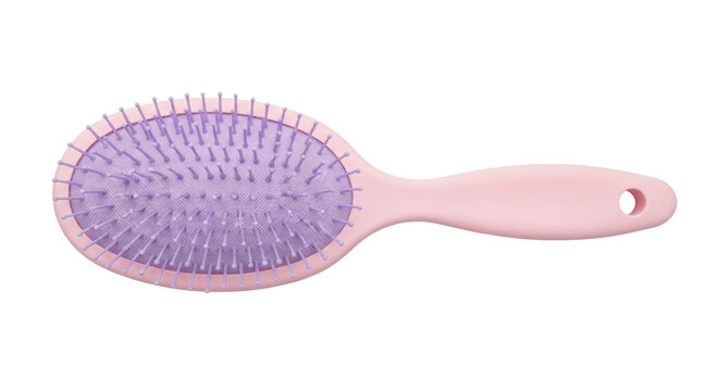 Isolated pink hairbrush with purple bristles for haircare and styling products, isolated