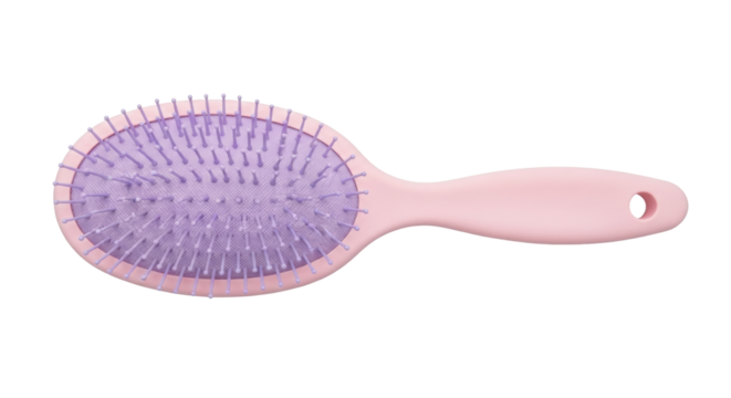 Isolated pink hairbrush with purple bristles for haircare and styling products, isolated