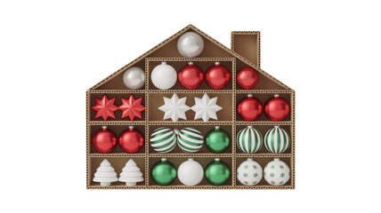 A charming wooden house shaped ornament organizer filled with festive christmas baubles and decorations isolated on transparent background