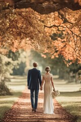 Fototapeta premium Bride and groom walking under autumn trees