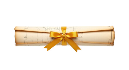 Isolated blueprint scroll with a yellow satin ribbon bow, architectural plan, design