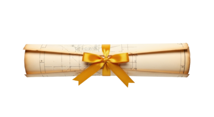 Isolated blueprint scroll with a yellow satin ribbon bow, architectural plan, design