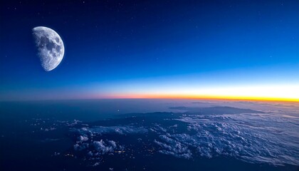 Breathtaking aerial view of Earth with vibrant moon. Deep blue sky transitions to soft horizon glow, dotted with stars