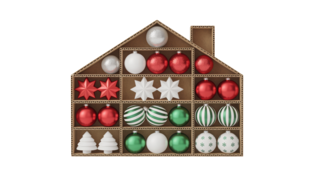 A charming wooden house shaped ornament organizer filled with festive christmas baubles and decorations isolated on transparent background