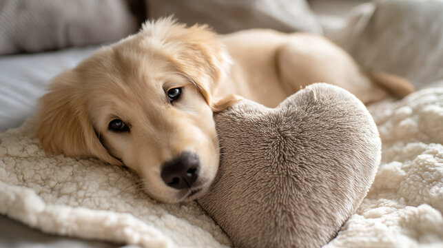 Golden retriever puppy resting head on heart shaped pillow on a fluffy white blanket