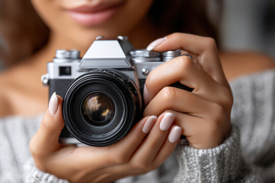 Woman holding a classic camera with a soft expression indoors
