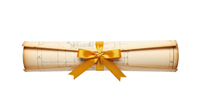 Isolated blueprint scroll with a yellow satin ribbon bow, architectural plan, design