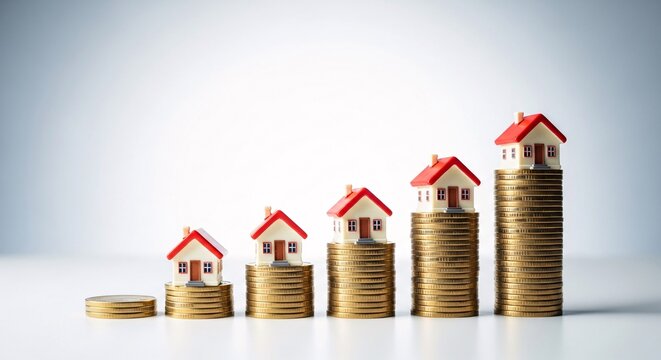 Real estate investment concept showing house value increase over time with coins