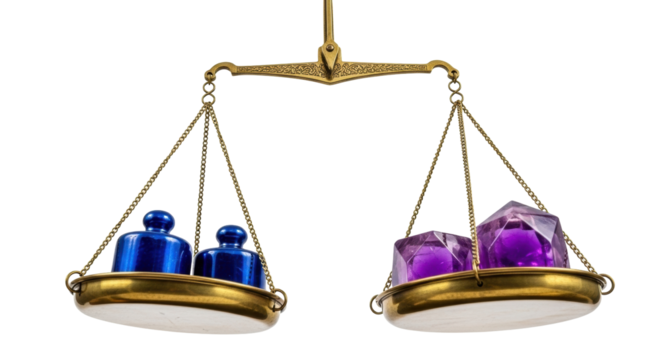 Isolated antique balance scale showing equality, weighing blue weights versus purple gems