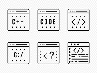Set of six simple line art icons representing programming and coding concepts Keywords: coding, programming