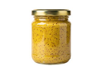 Isolated glass jar of grainy mustard with a golden lid, savory condiment for food and meals