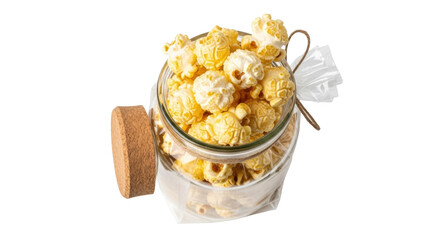 Isolated view of caramel popcorn overflowing from a clear glass jar with cork lid on side