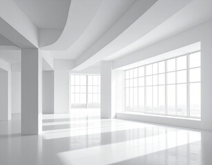 Fototapeta premium Bright, minimalist all-white interior with beams & windows