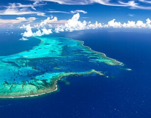 A vibrant turquoise lagoon island surrounded by deep blue sea under a bright cloudy sky