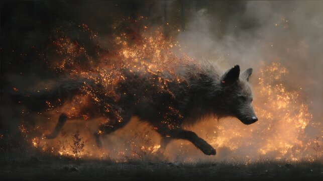 &ldquo;A wolf spirit made of ember and ash running through burning forest, fire particles floating, cinematic fantasy realism, ultra-detailed fine art 