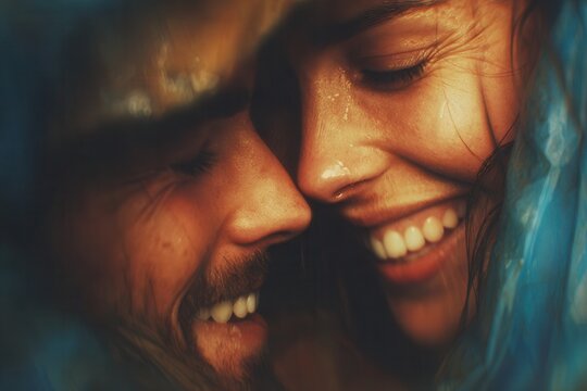 Happy couple sharing an intimate moment under the rain, feeling love and joy