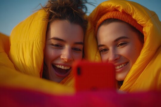 Two smiling women wrapped in warm yellow jackets enjoying mobile video together