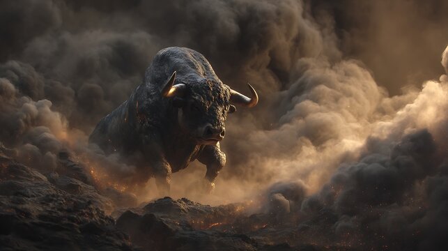 &ldquo;A colossal bull made of molten rock and fire, standing amidst smoke and destruction, divine aura, ultra-realistic fantasy lighting, fine art 32K 