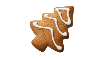 A single festive gingerbread cookie decorated with white icing in a unique abstract shape isolated on transparent background